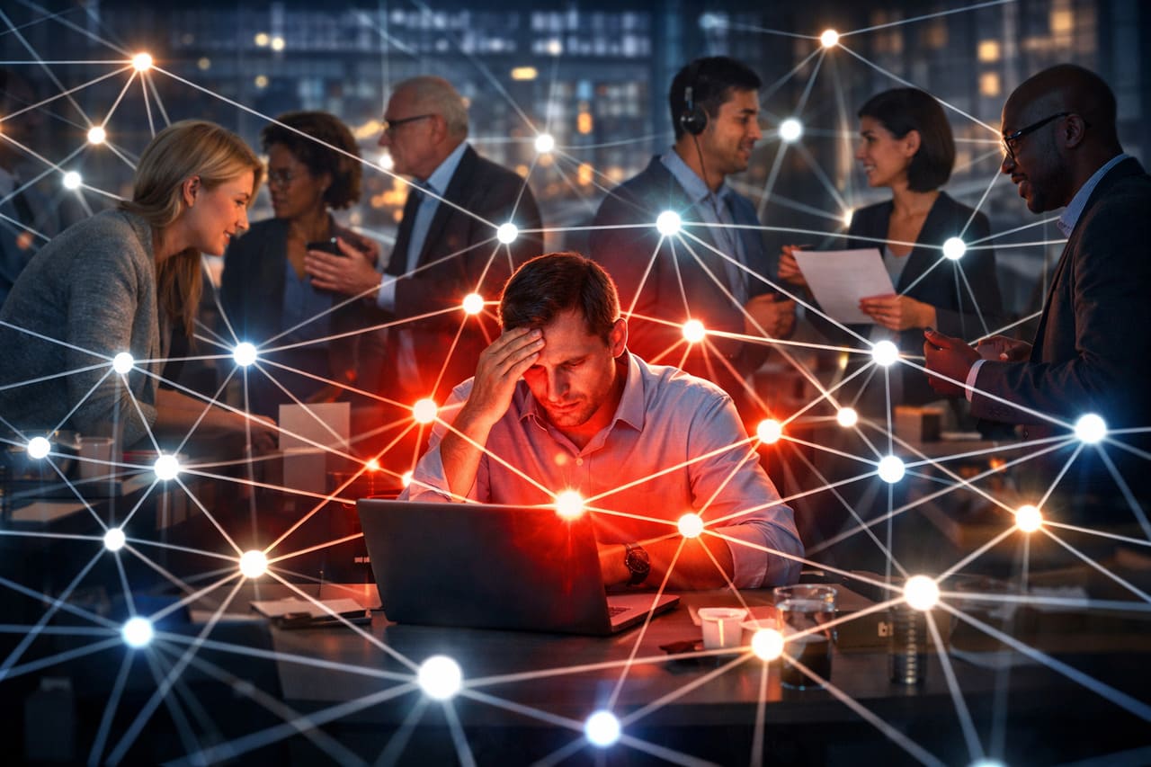 Visuaalinen esitys Yhteistoiminnallisesta ylikuormituksesta: yksittäinen työntekijäsolmu hehkuu punaisena liiallisten yhteyksien vuoksi yrityksen verkkokartassa
