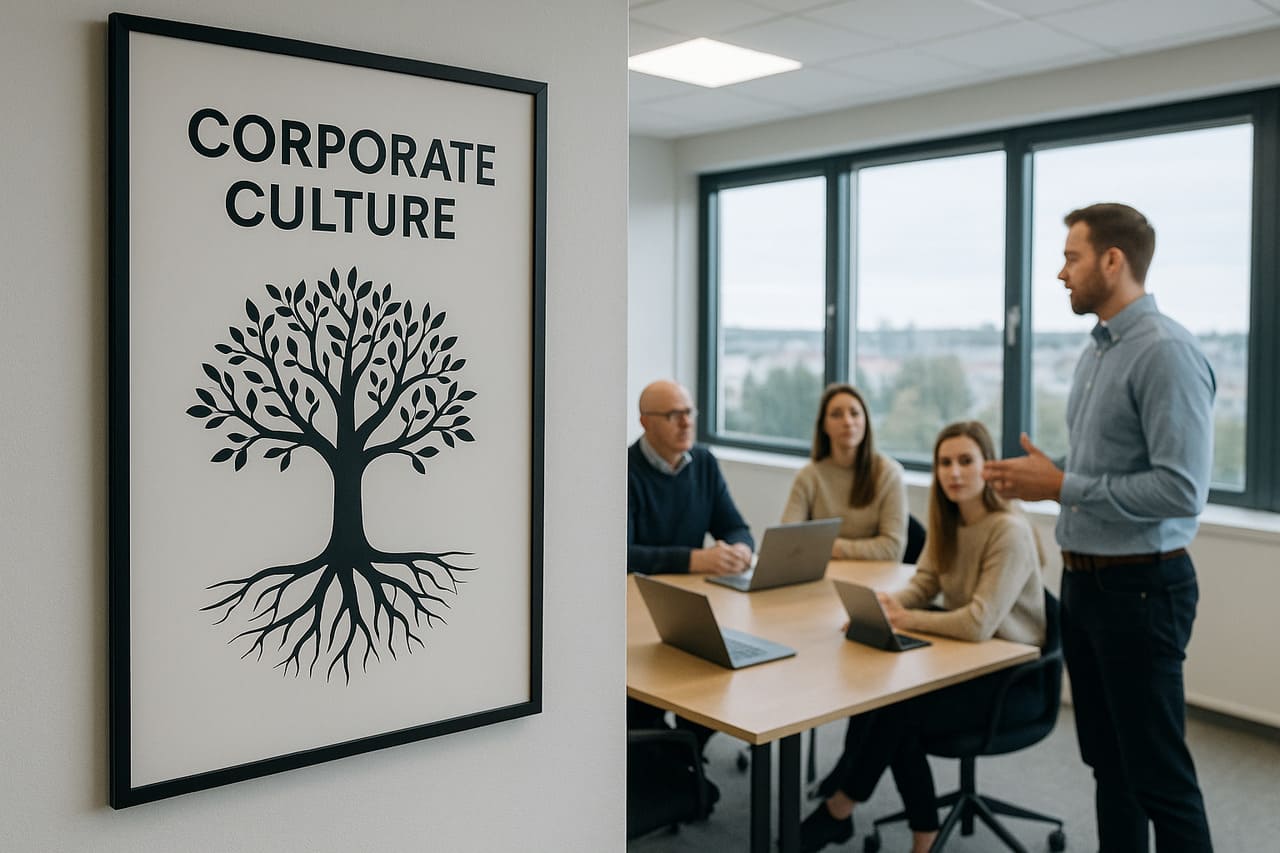 Data visualization comparing "Stated Values" (Posters) vs. "Actual Behavior" (Real-time data from Slack/Jira)