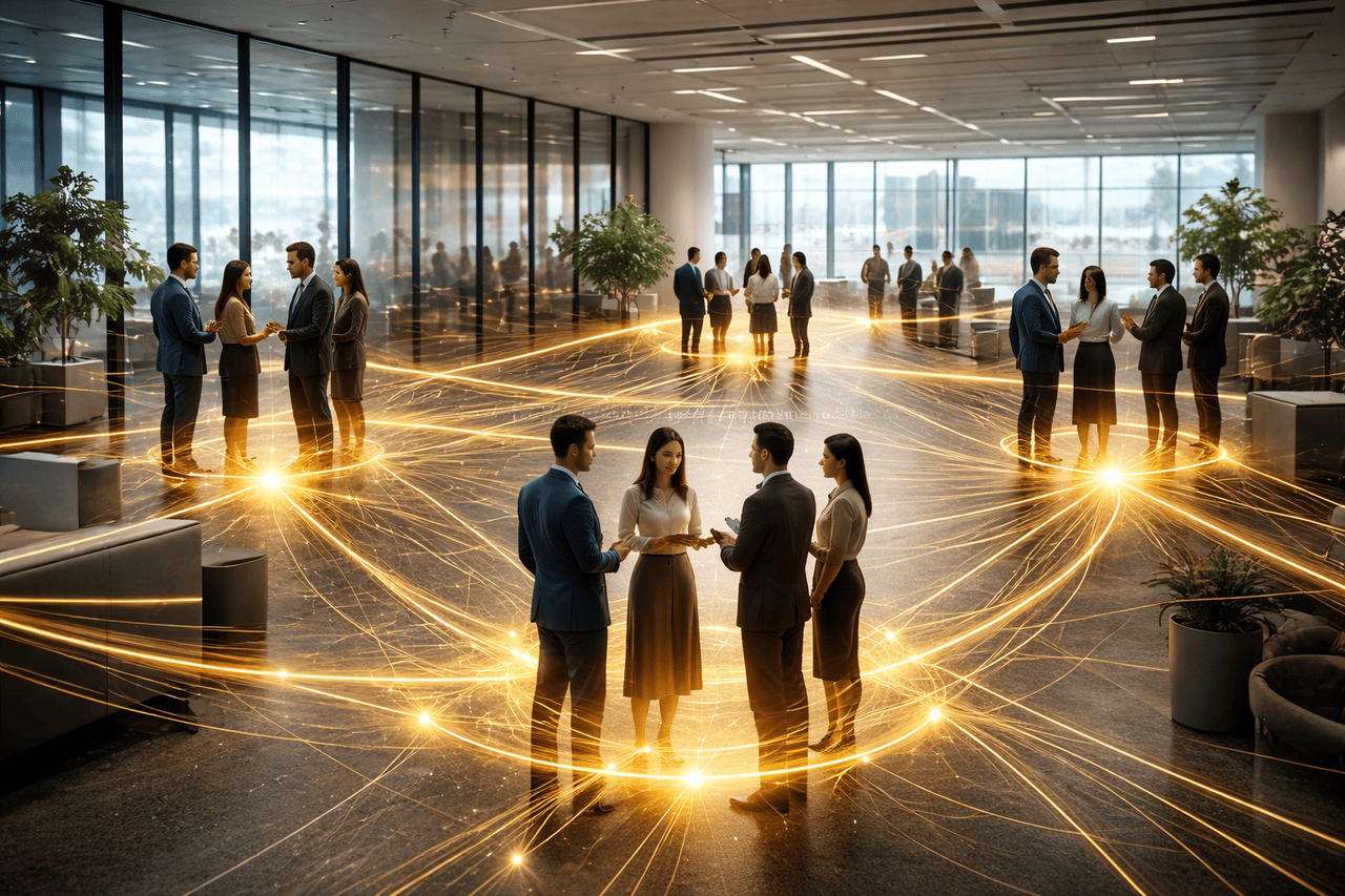 Abstract visualization of a corporate network where golden lines represent the flow of energy and support between employees on a dark background